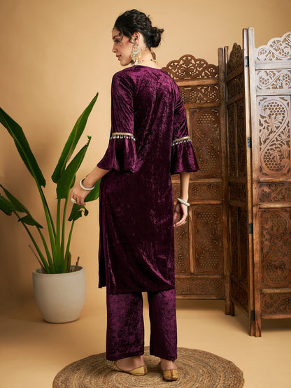 Purple Velvet Zari Embroidered Kurta