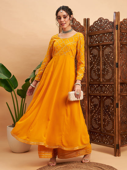 Mustard Mukaish Work Anarkali Kurta