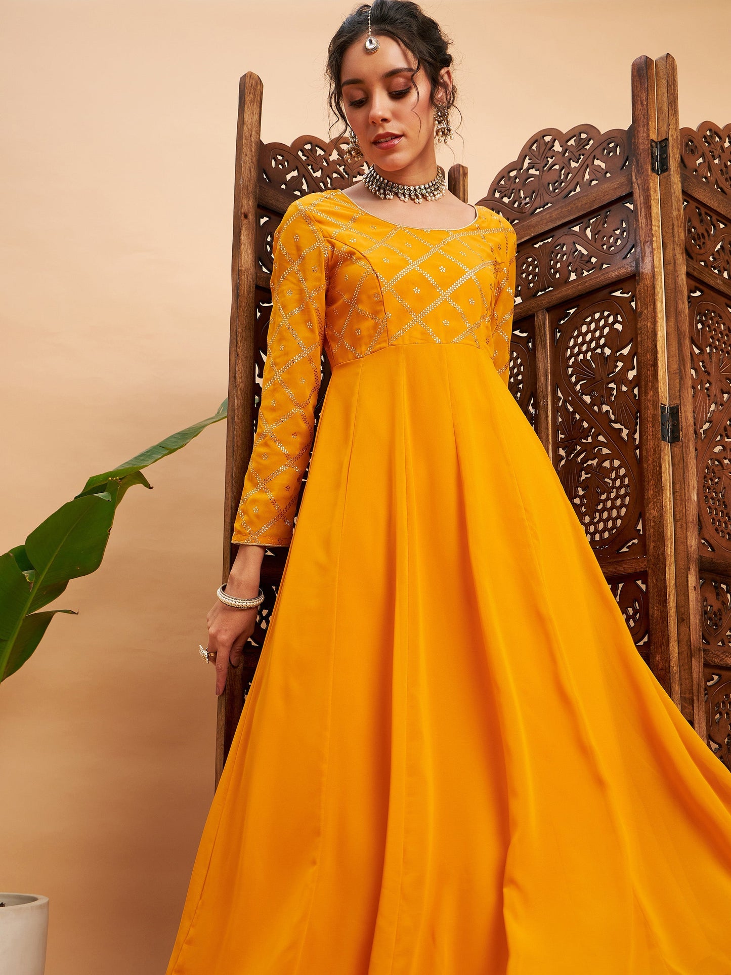 Mustard Mukaish Work Anarkali Kurta