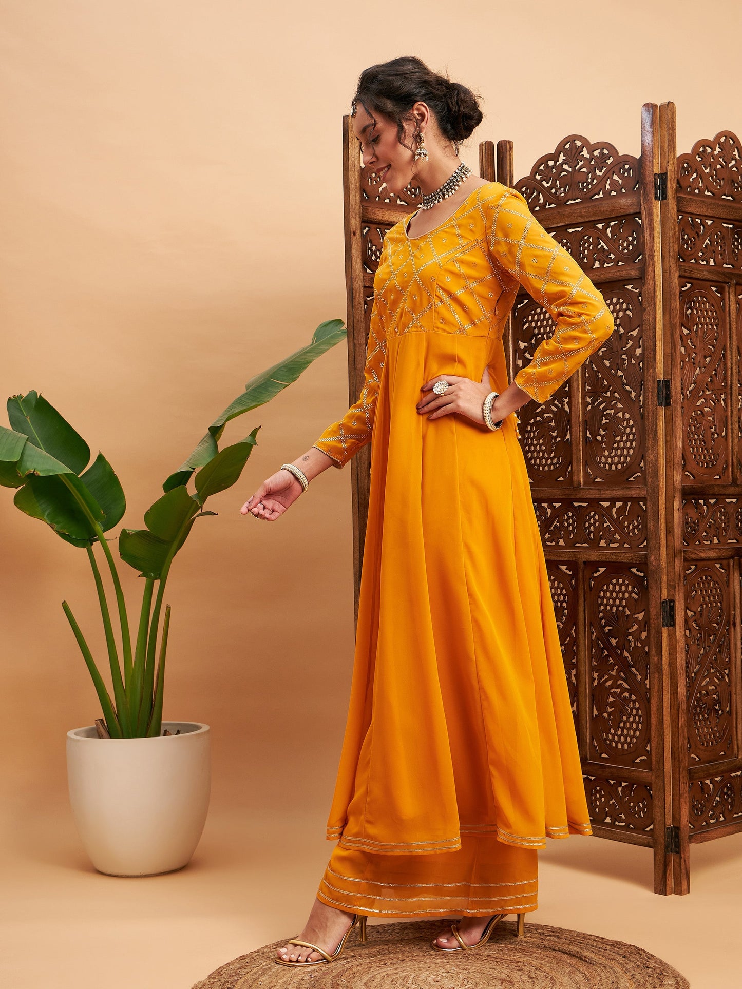 Mustard Mukaish Work Anarkali Kurta