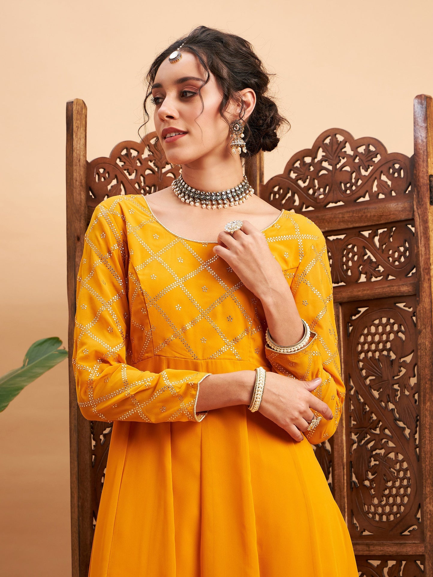 Mustard Mukaish Work Anarkali Kurta