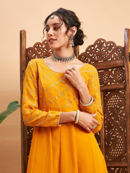 Mustard Mukaish Work Anarkali Kurta