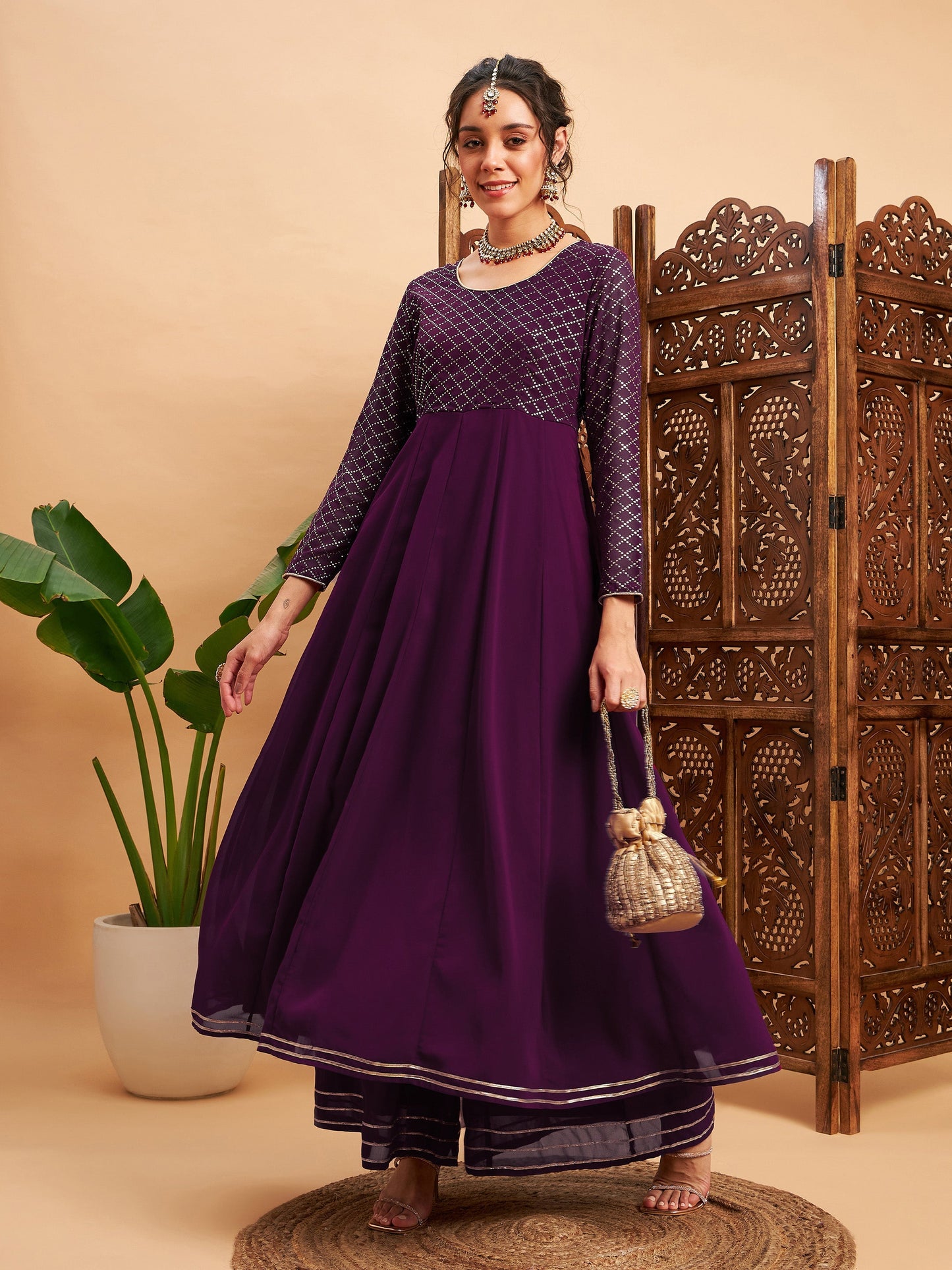 Burgundy Mukaish Work Anarkali Kurta