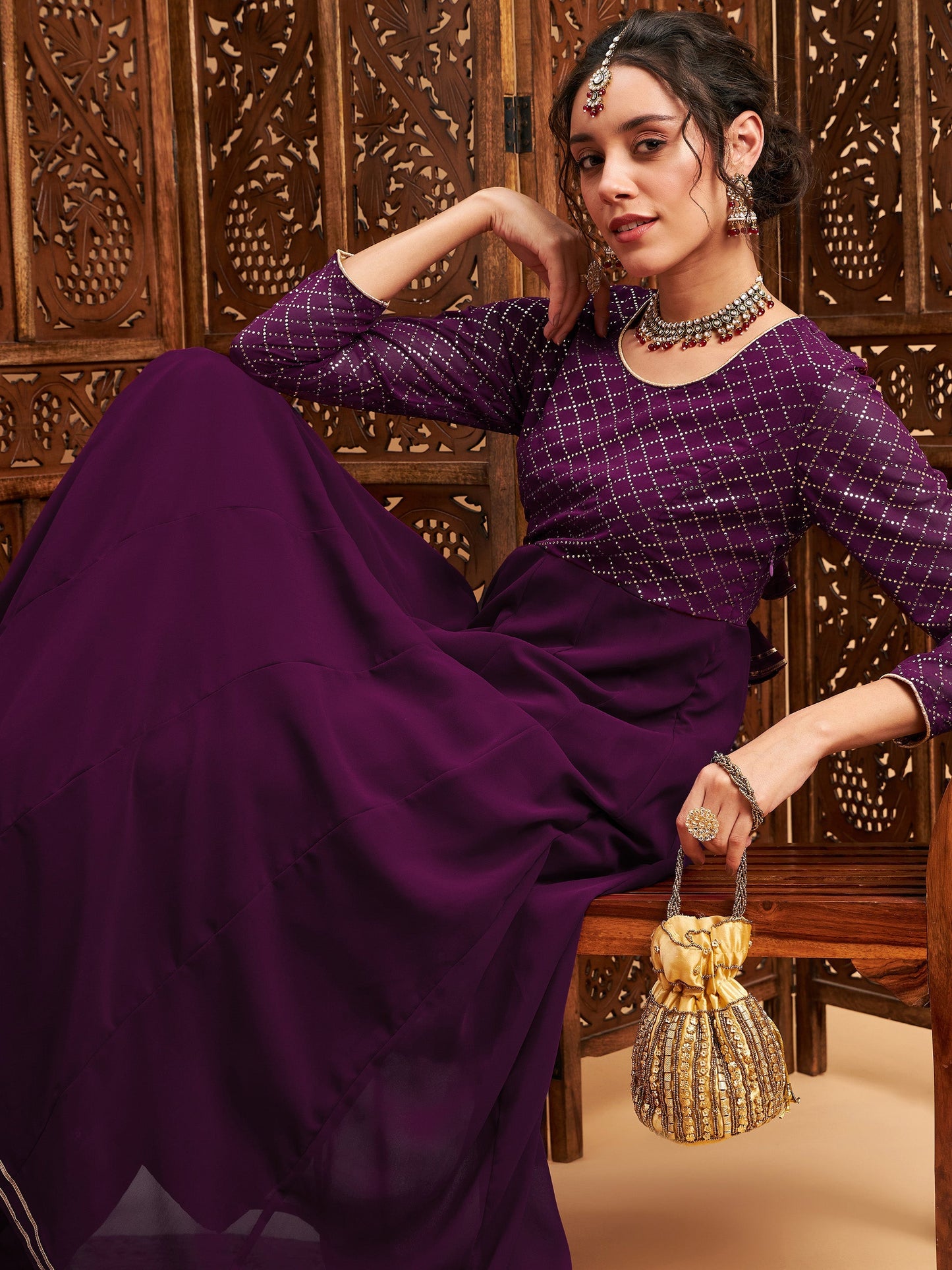 Burgundy Mukaish Work Anarkali Kurta