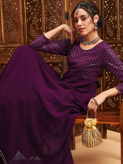Burgundy Mukaish Work Anarkali Kurta