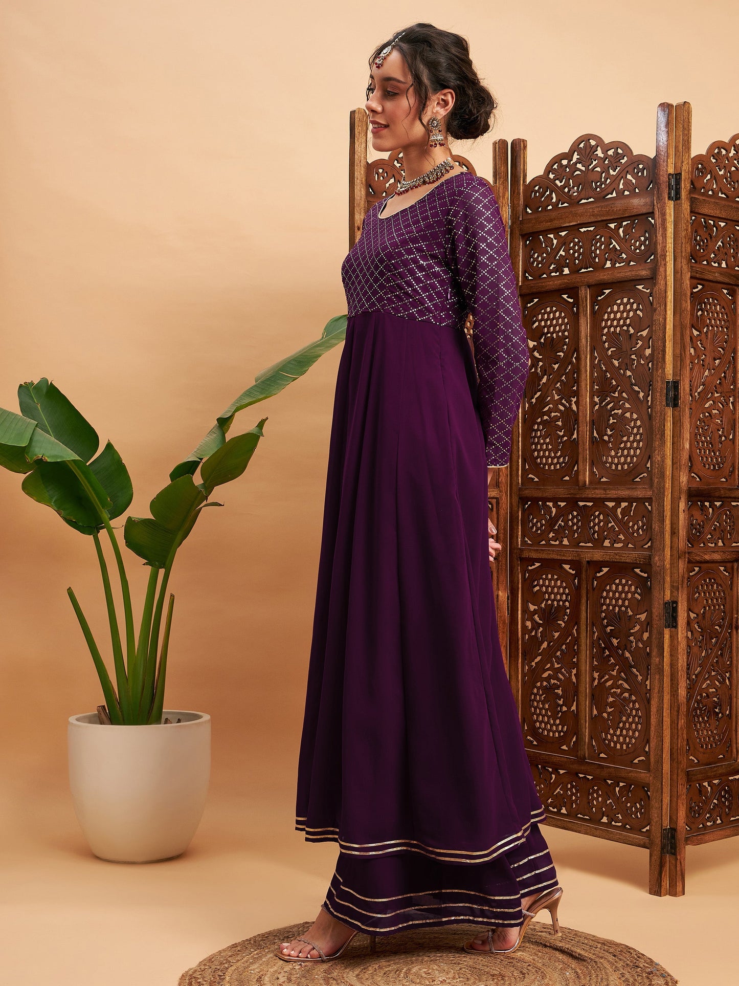 Burgundy Mukaish Work Anarkali Kurta