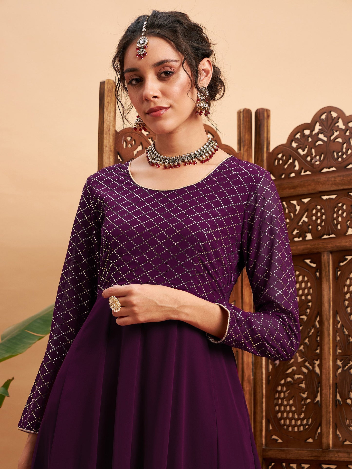 Burgundy Mukaish Work Anarkali Kurta