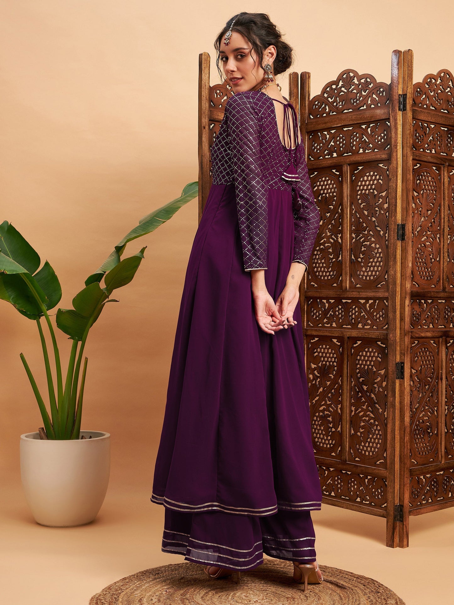 Burgundy Mukaish Work Anarkali Kurta