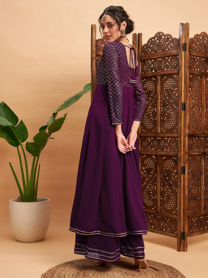 Burgundy Mukaish Work Anarkali Kurta