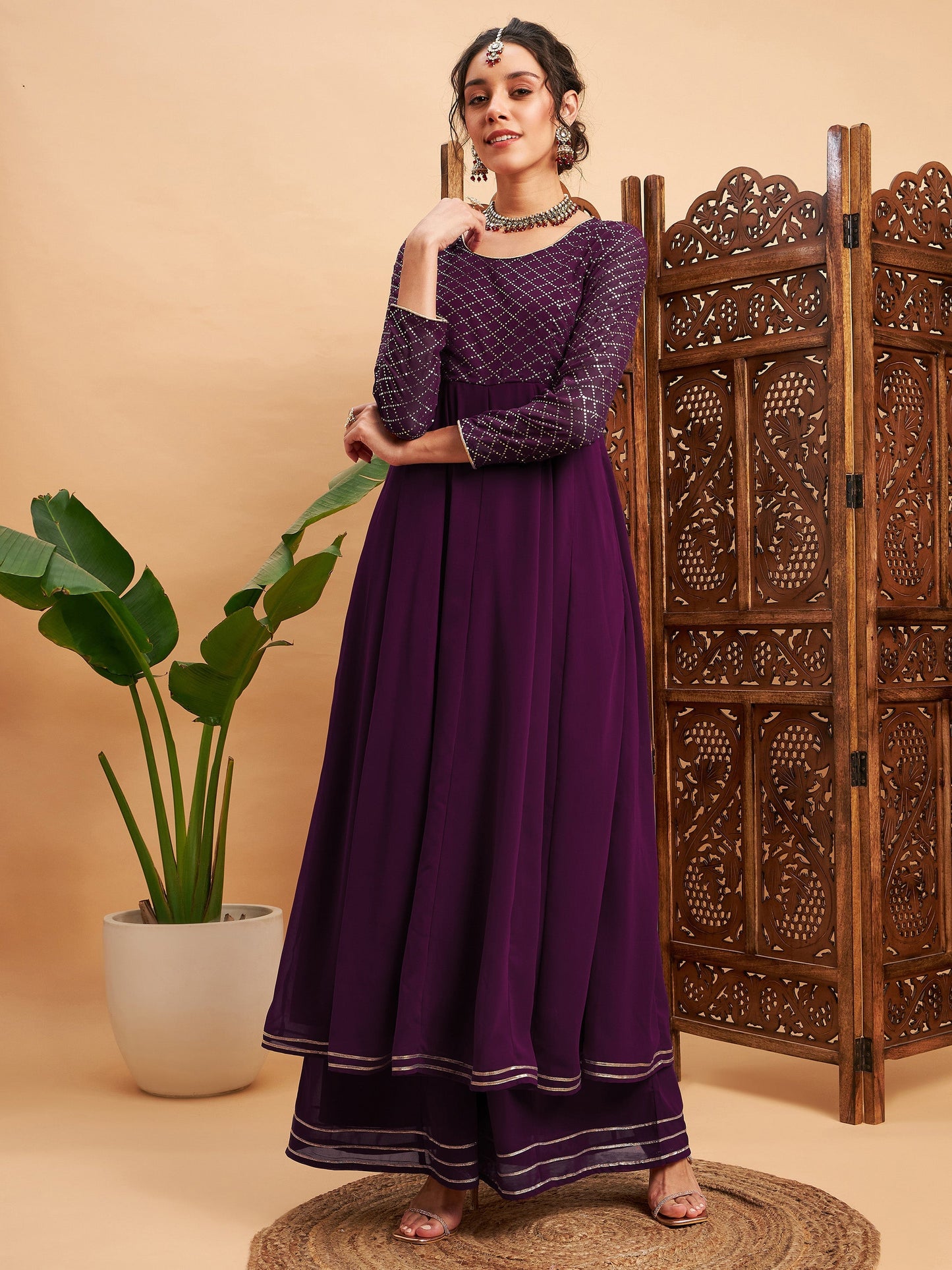 Burgundy Mukaish Work Anarkali Kurta