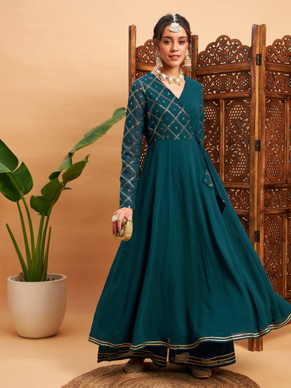 Teal Green Mukaish Work Wrap Anarkali Kurta