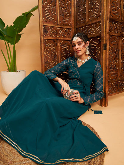 Teal Green Mukaish Work Wrap Anarkali Kurta
