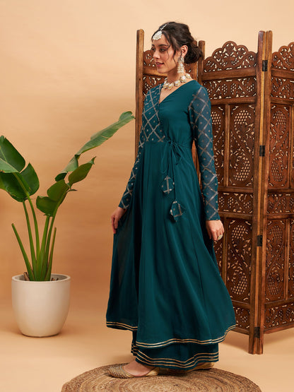 Teal Green Mukaish Work Wrap Anarkali Kurta