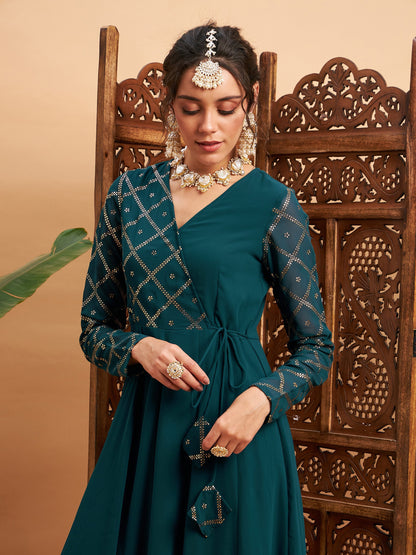 Teal Green Mukaish Work Wrap Anarkali Kurta