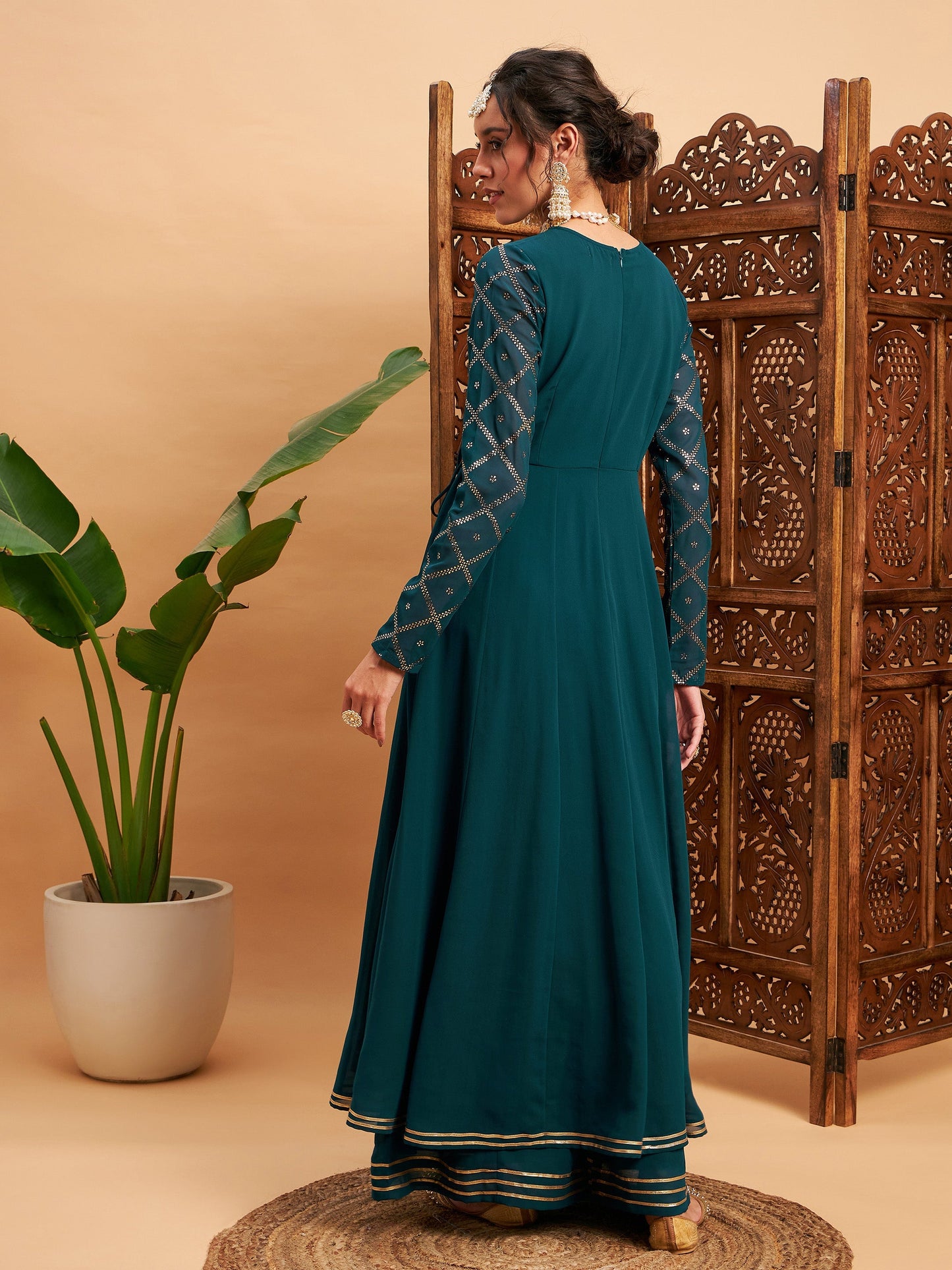 Teal Green Mukaish Work Wrap Anarkali Kurta