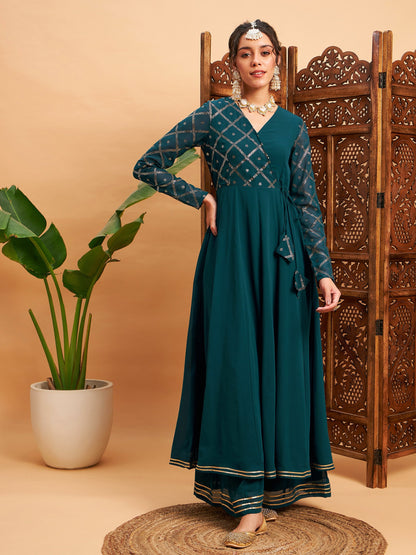 Teal Green Mukaish Work Wrap Anarkali Kurta