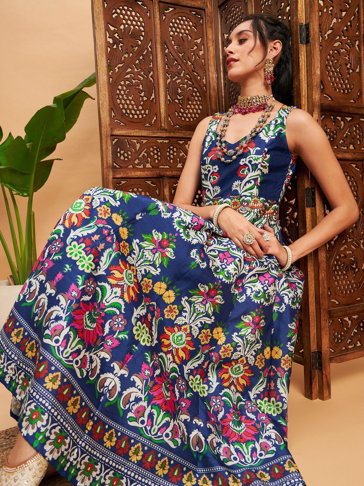 Women's Women Navy Floral Sleeveless Anarkali Maxi Kurta in Poly Silk by Shae for wholesale, bulk, supplier, manufacturer and wholesaler buyers from Trendphoria