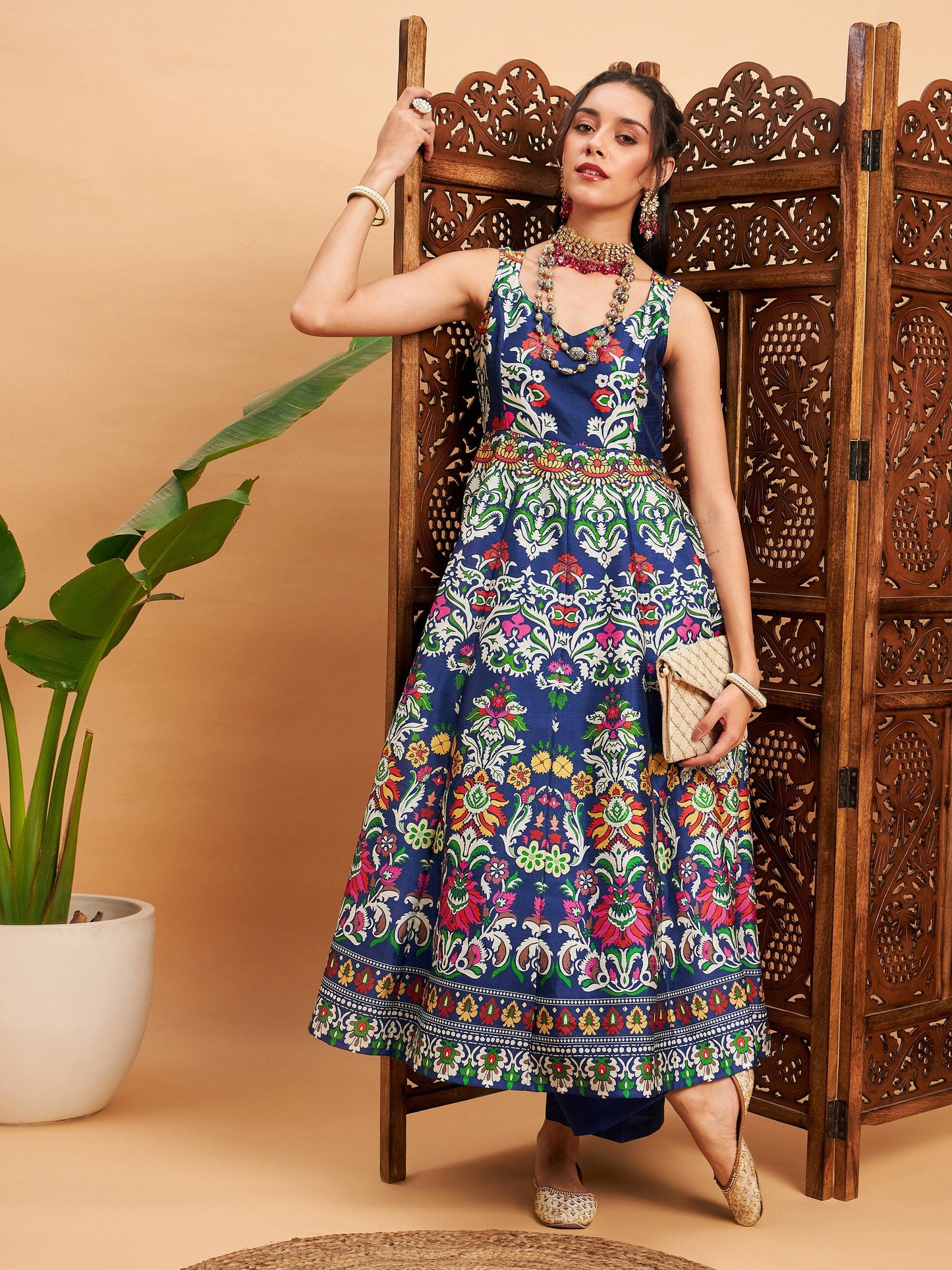 Navy Floral Sleeveless Anarkali Maxi Kurta-Shae by SASSAFRAS