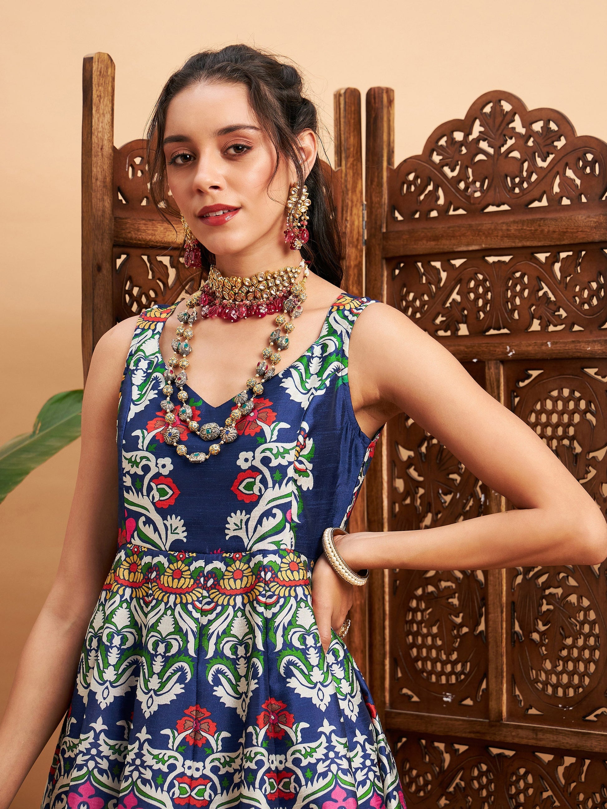 Navy Floral Sleeveless Anarkali Maxi Kurta-Shae by SASSAFRAS