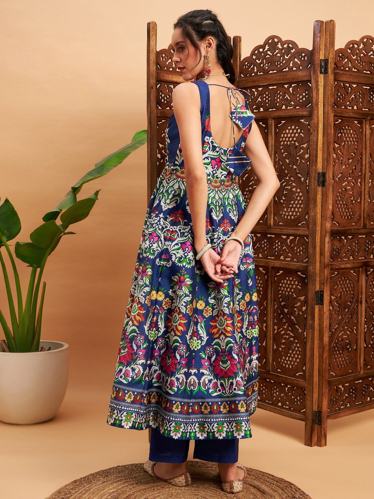 Navy Floral Sleeveless Anarkali Maxi Kurta-Shae by SASSAFRAS