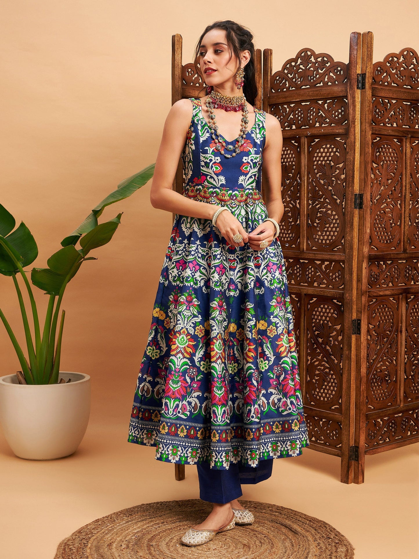 Navy Floral Sleeveless Anarkali Maxi Kurta-Shae by SASSAFRAS