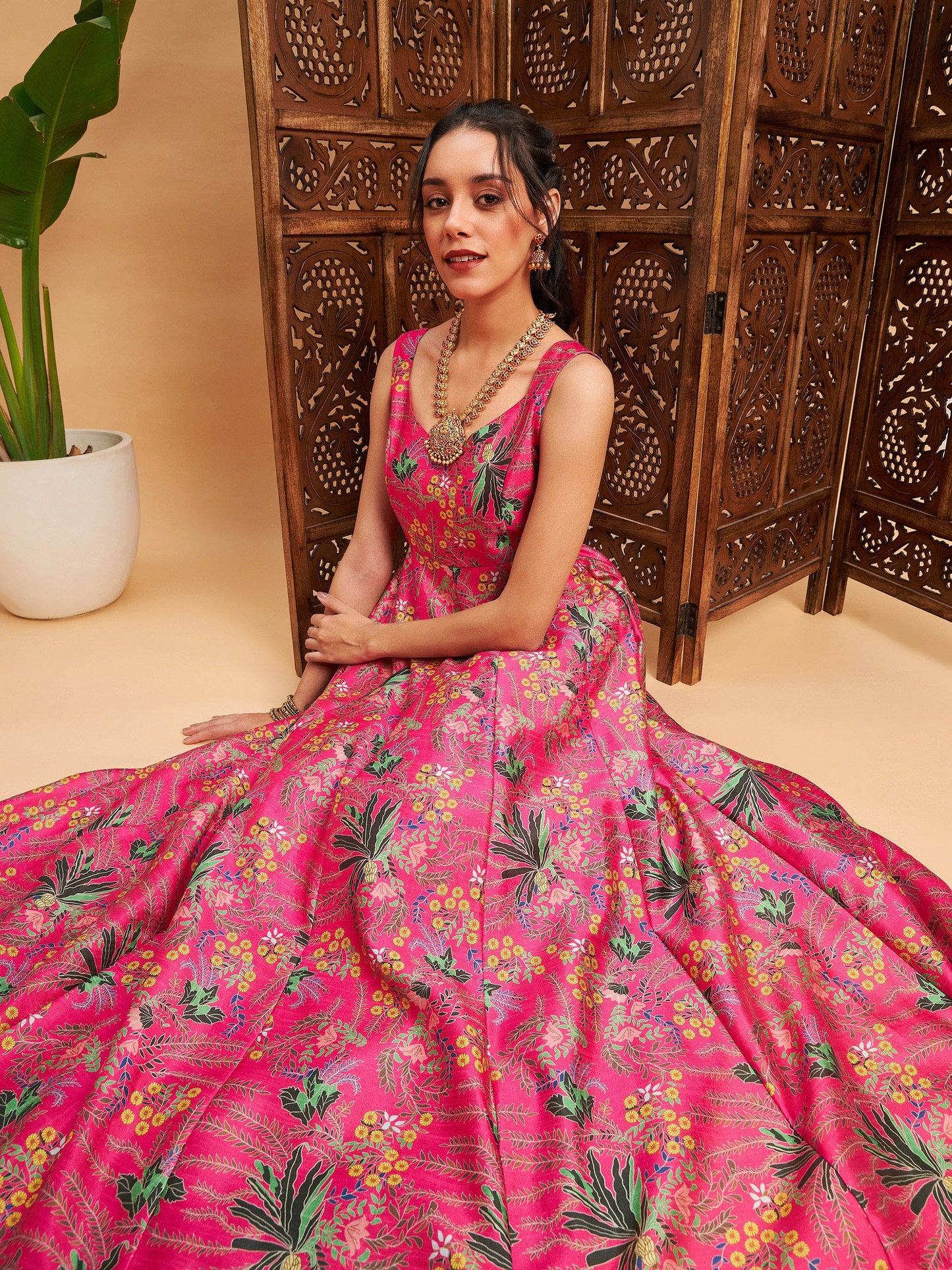 Pink Floral Sleeveless Anarkali Maxi Kurta-Shae by SASSAFRAS