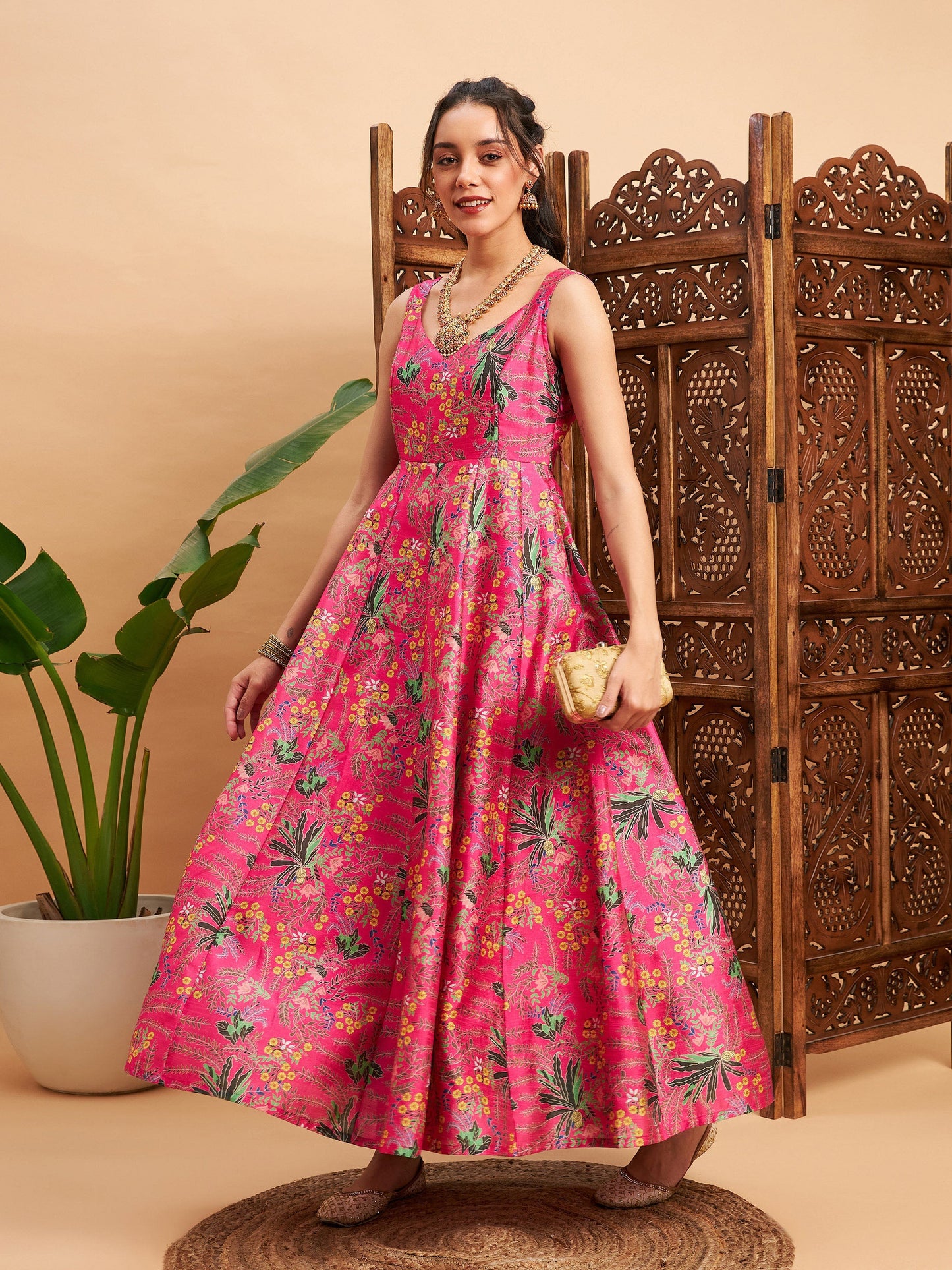 Pink Floral Sleeveless Anarkali Maxi Kurta-Shae by SASSAFRAS