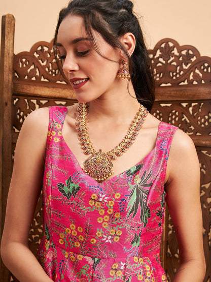 Pink Floral Sleeveless Anarkali Maxi Kurta-Shae by SASSAFRAS