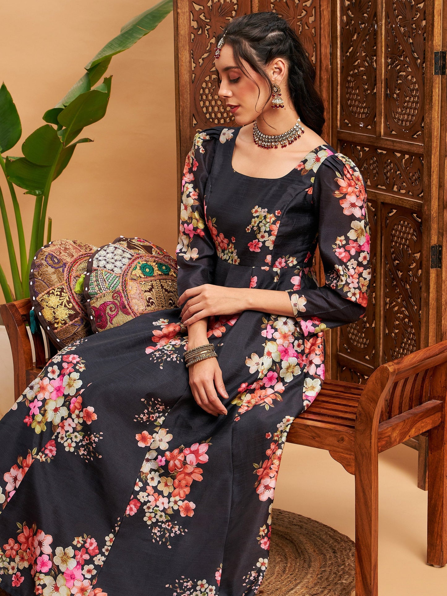 Black Floral Full Sleeves Anarkali Maxi Kurta