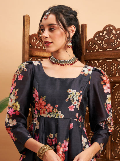 Black Floral Full Sleeves Anarkali Maxi Kurta