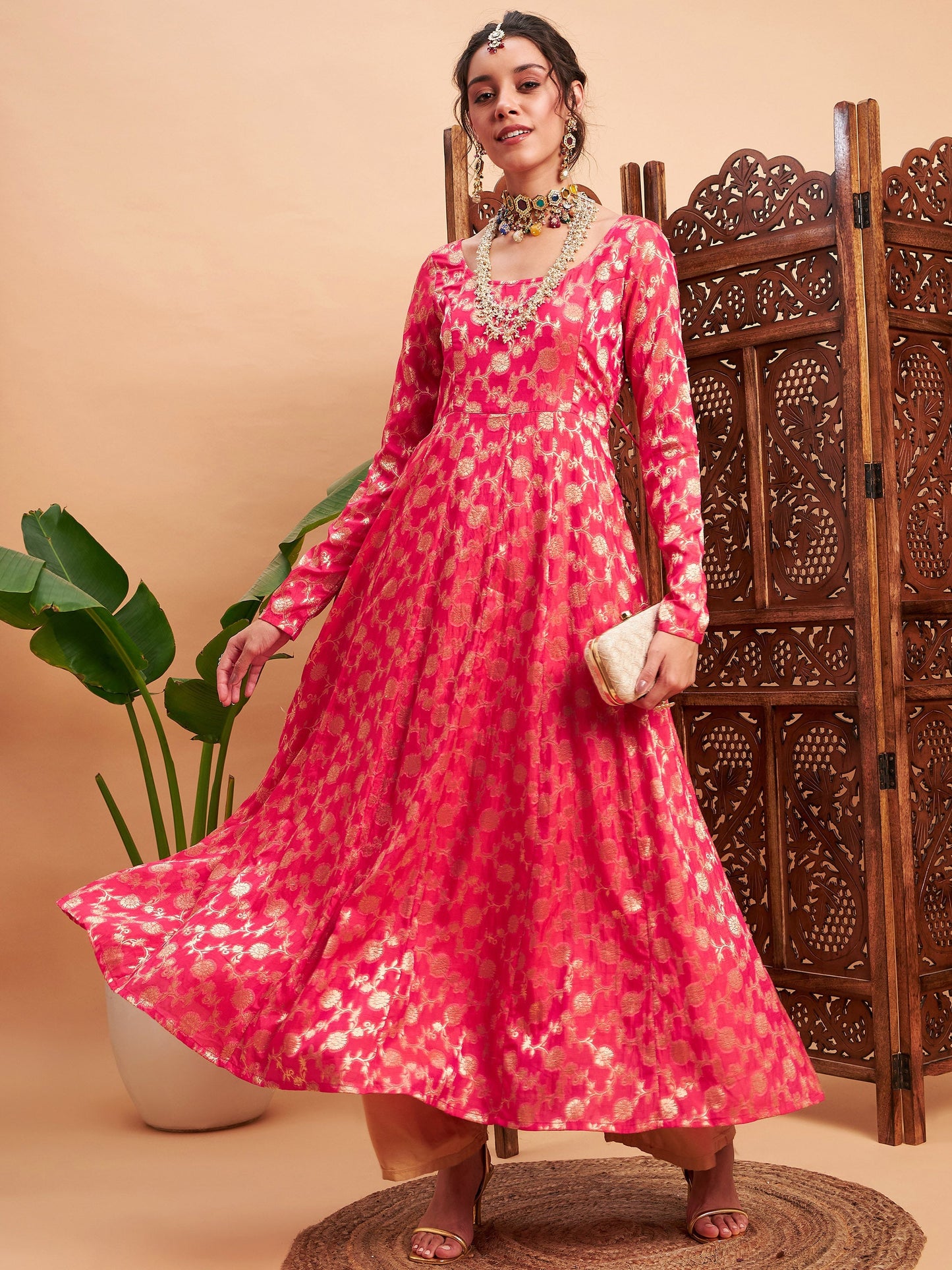 Fuchsia Floral Brocade Anarkali Maxi Kurta