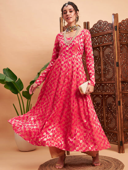 Fuchsia Floral Brocade Anarkali Maxi Kurta
