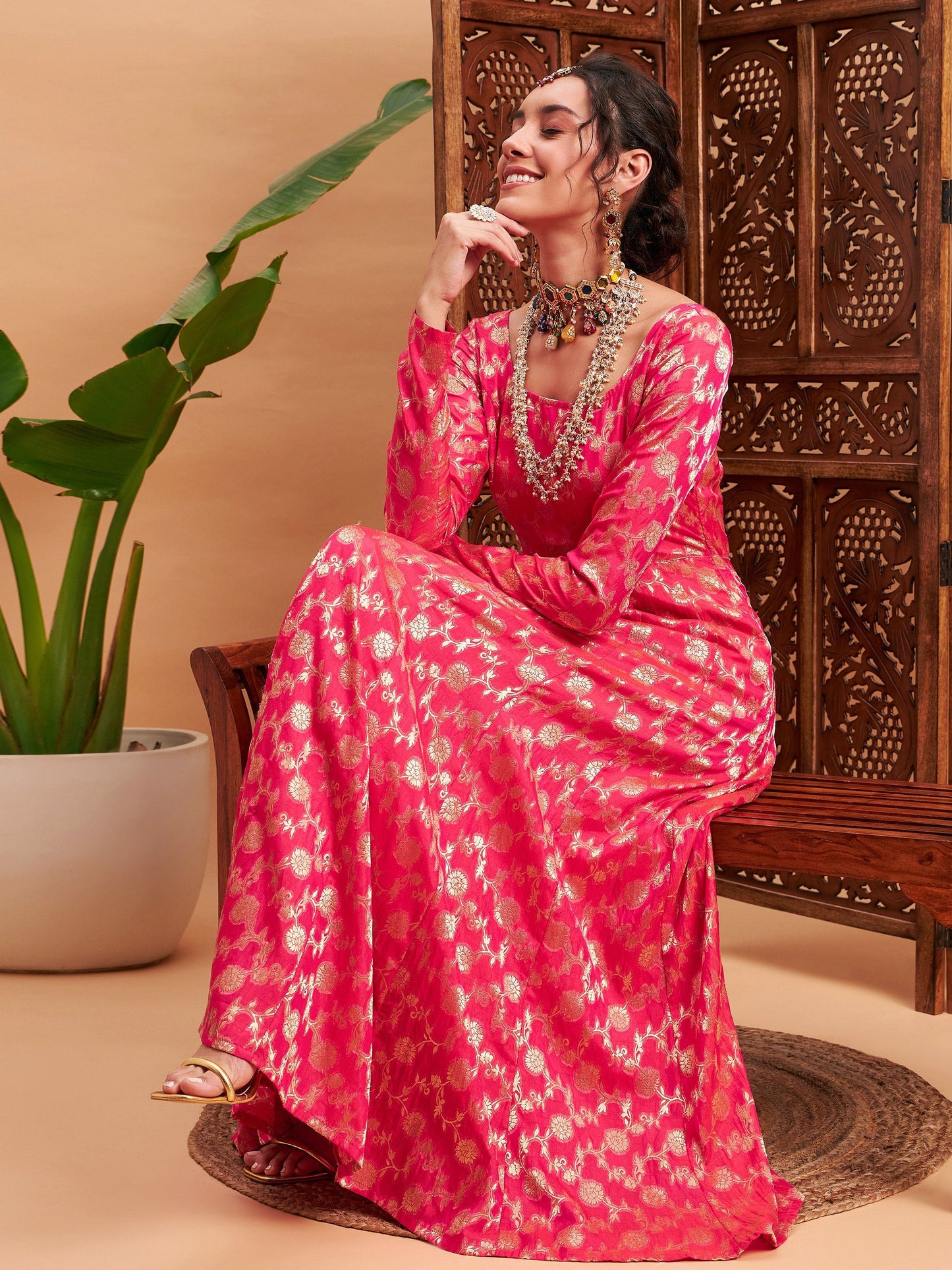 Fuchsia Floral Brocade Anarkali Maxi Kurta