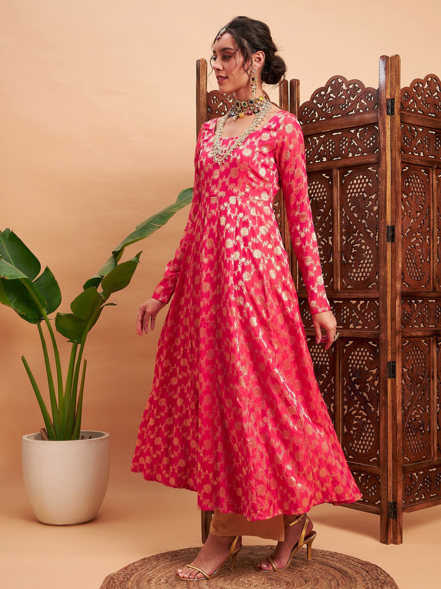 Fuchsia Floral Brocade Anarkali Maxi Kurta