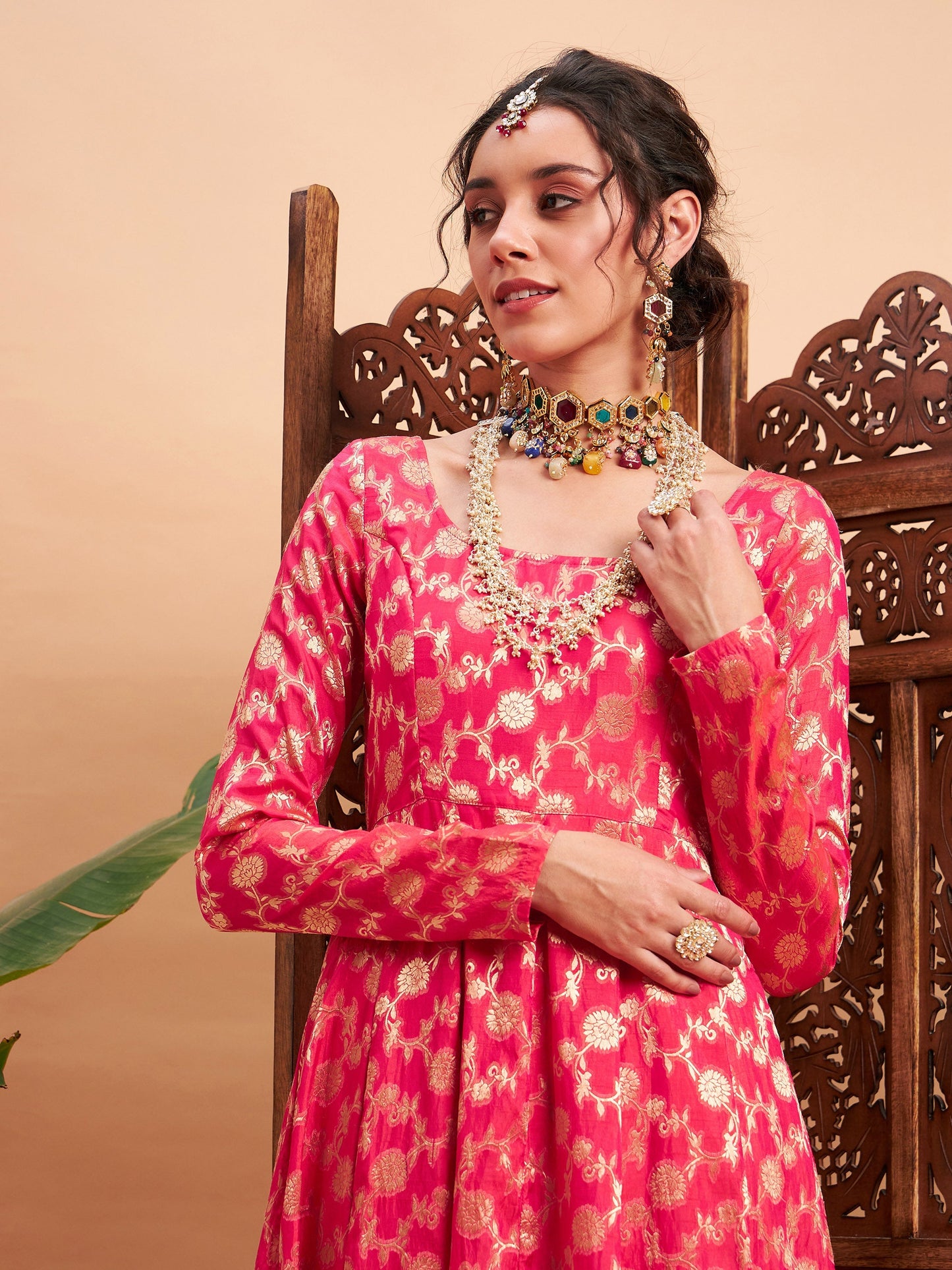 Fuchsia Floral Brocade Anarkali Maxi Kurta