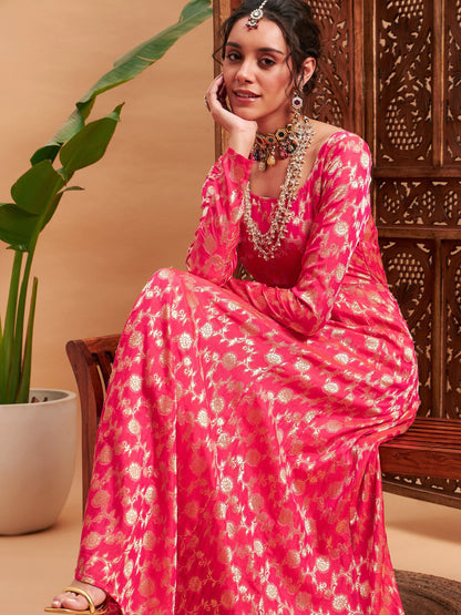 Fuchsia Floral Brocade Anarkali Maxi Kurta