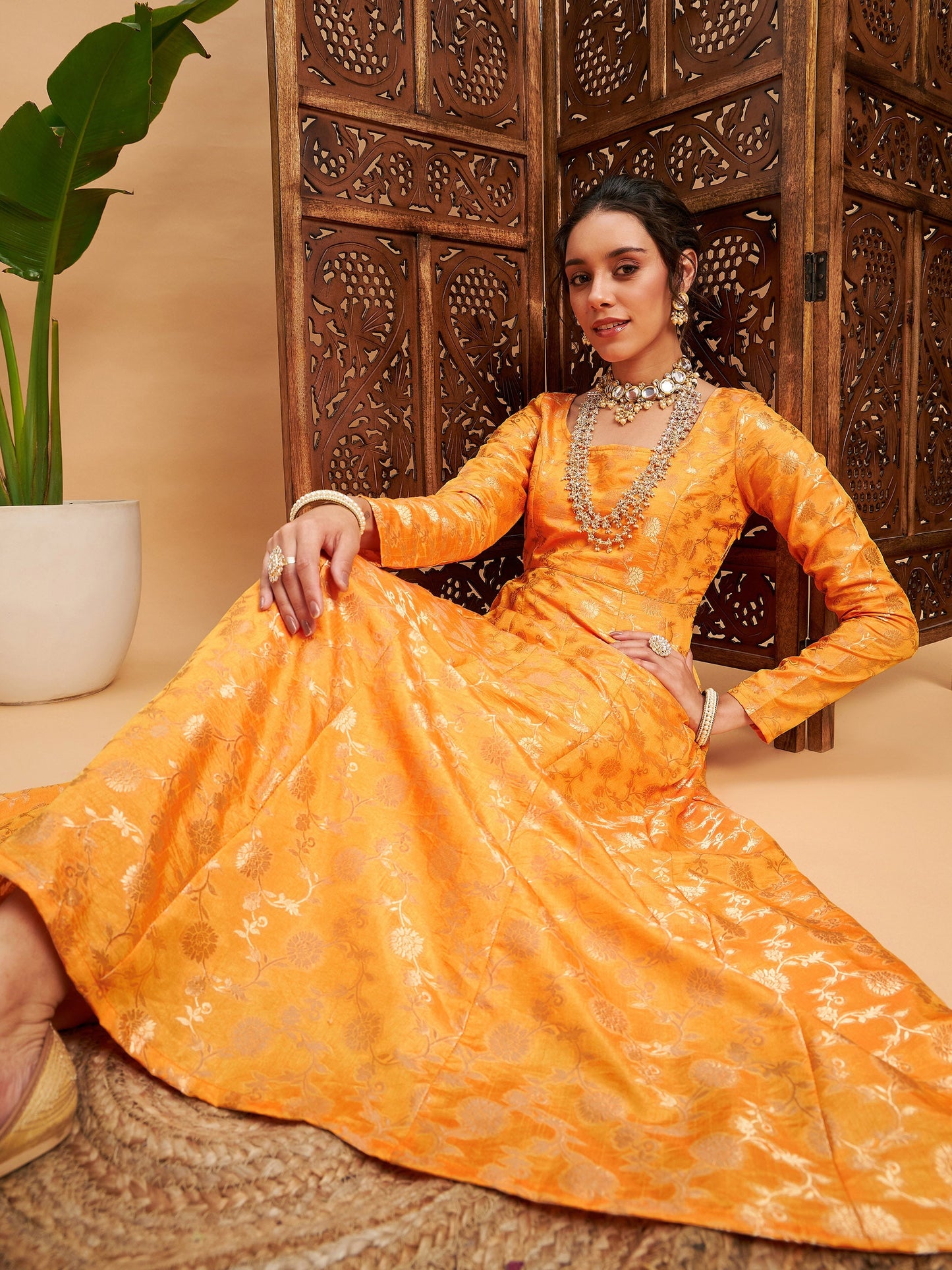 Mustard Floral Brocade Anarkali Maxi Kurta