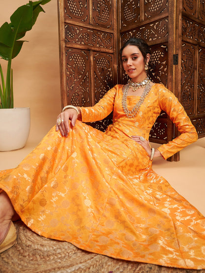 Mustard Floral Brocade Anarkali Maxi Kurta