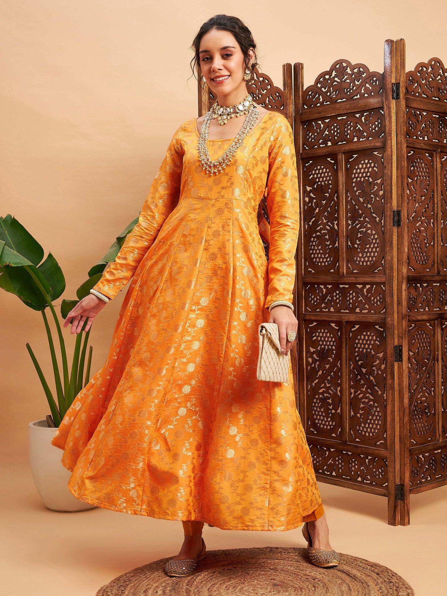 Mustard Floral Brocade Anarkali Maxi Kurta