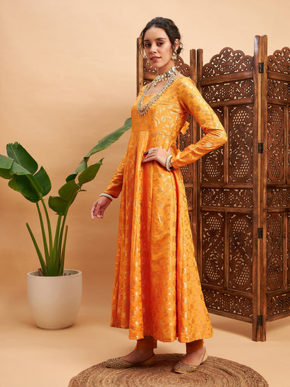 Mustard Floral Brocade Anarkali Maxi Kurta