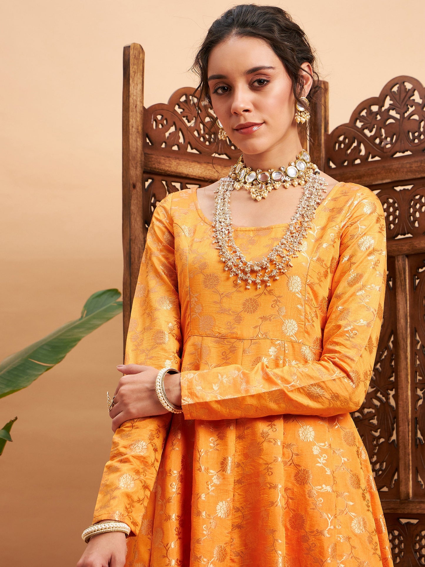 Mustard Floral Brocade Anarkali Maxi Kurta