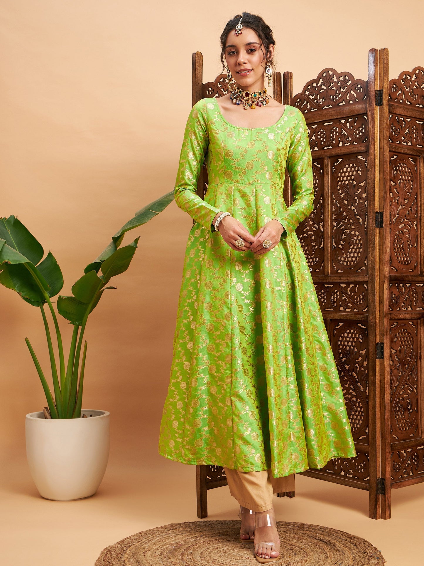 Green Floral Brocade Anarkali Maxi Kurta