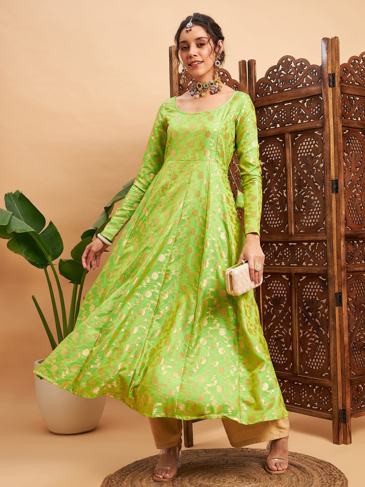 Green Floral Brocade Anarkali Maxi Kurta