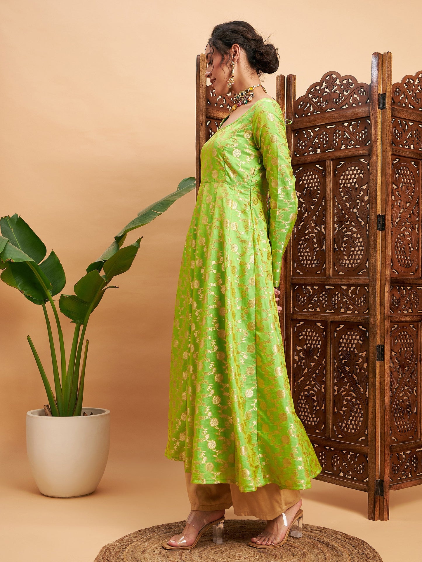 Green Floral Brocade Anarkali Maxi Kurta
