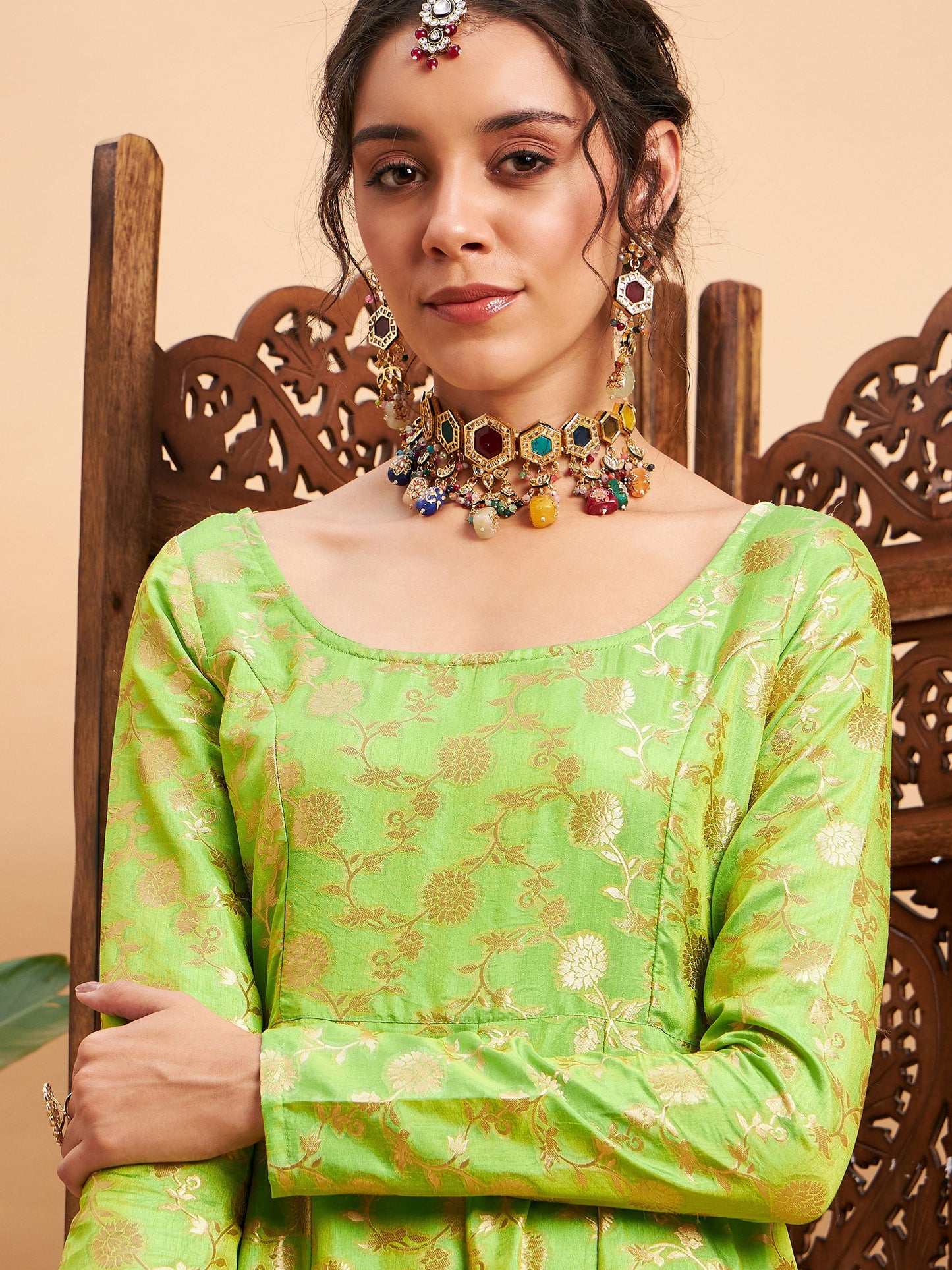 Green Floral Brocade Anarkali Maxi Kurta