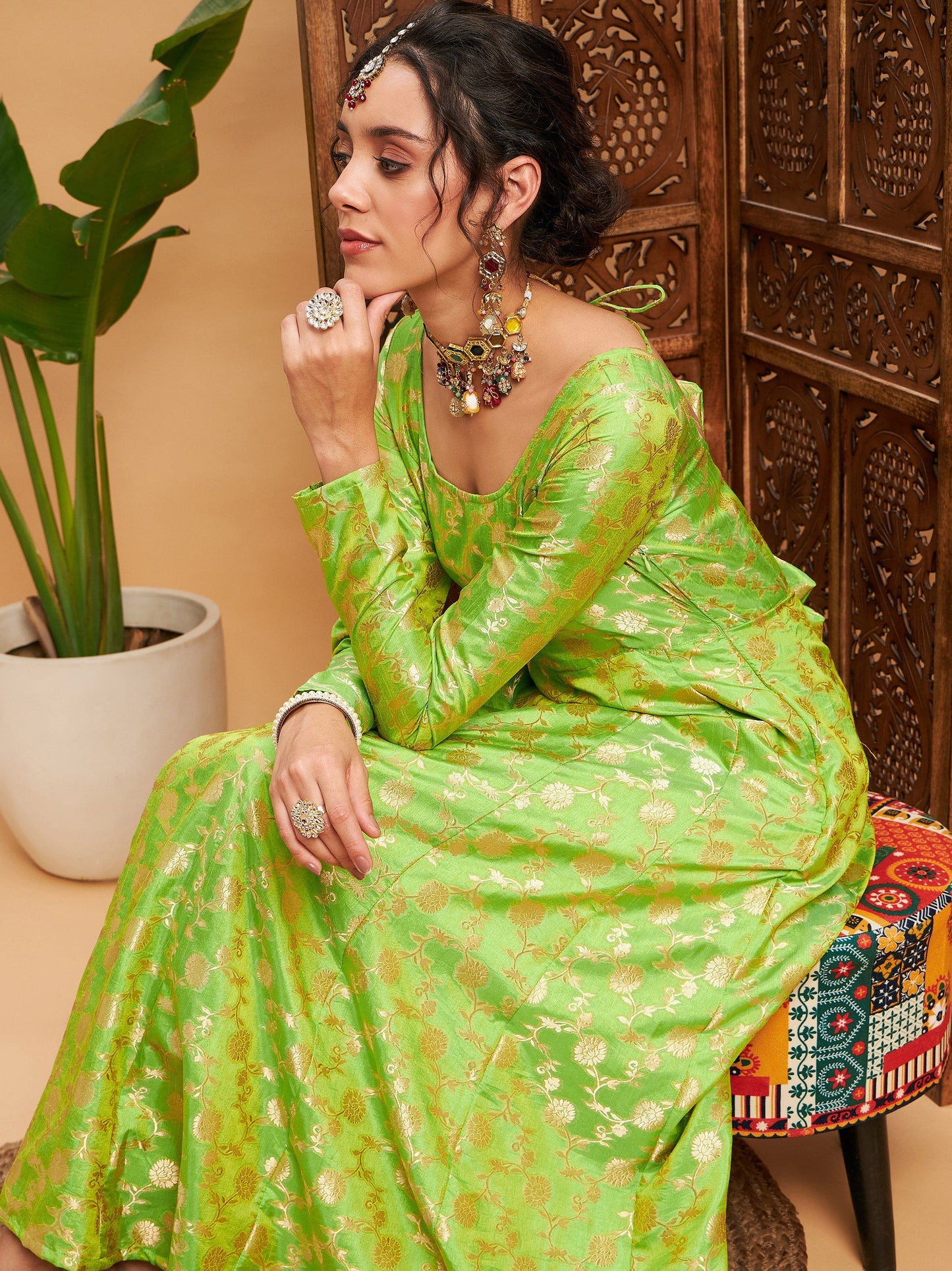 Green Floral Brocade Anarkali Maxi Kurta