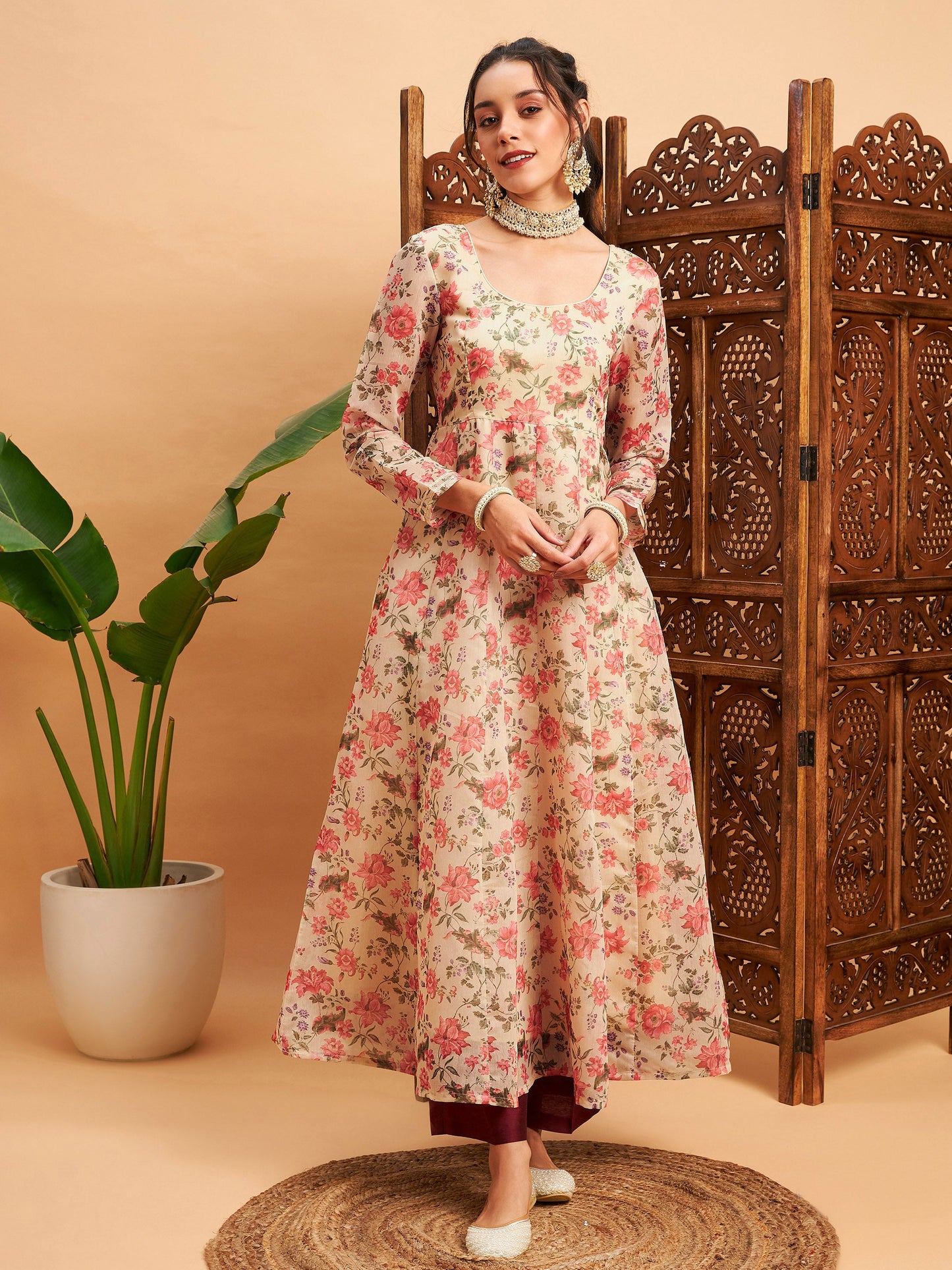 Beige Floral Round Neck Anarkali Maxi Kurta