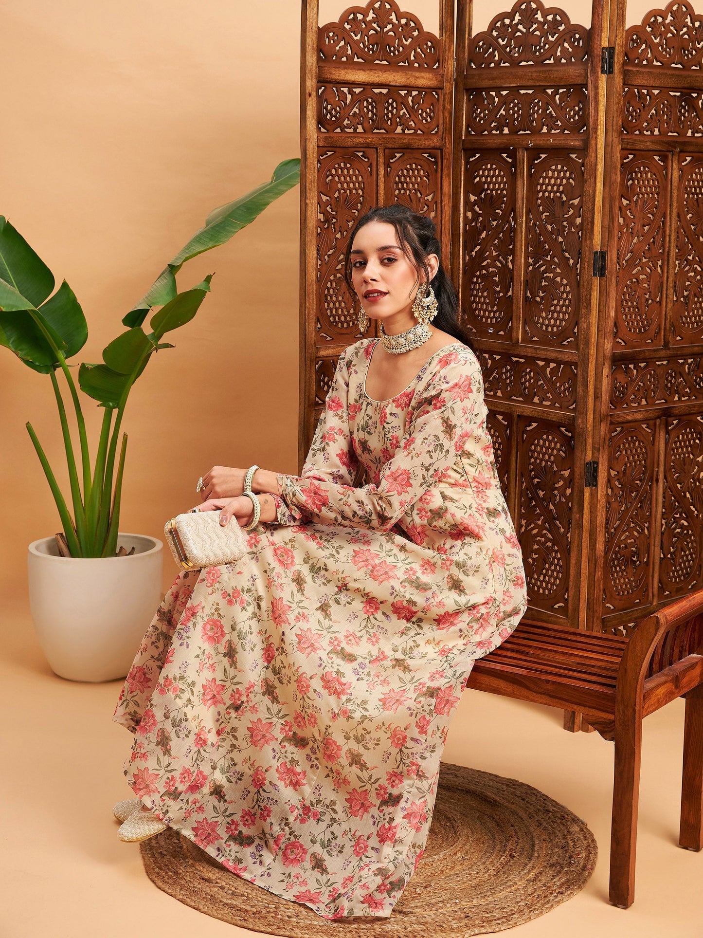 Beige Floral Round Neck Anarkali Maxi Kurta