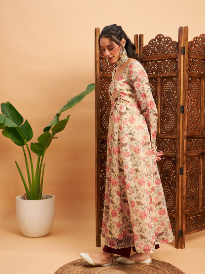 Beige Floral Round Neck Anarkali Maxi Kurta
