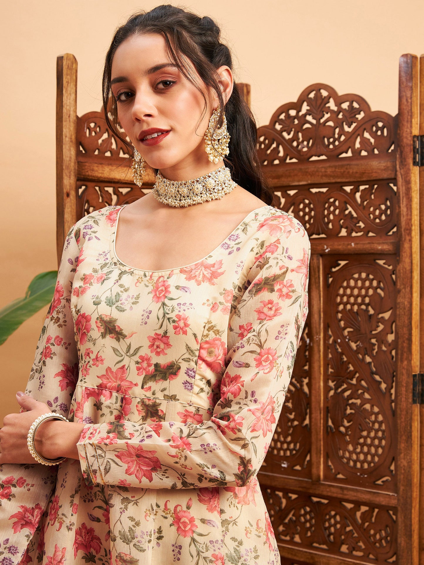 Beige Floral Round Neck Anarkali Maxi Kurta